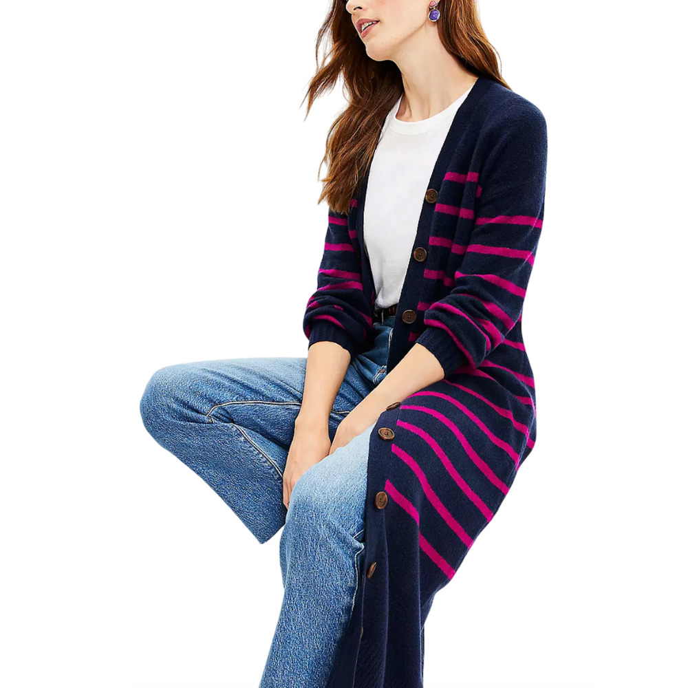 NEW ANN TAYLOR LOFT NAVY BLUE PINK STRIPED CARDIGAN SWEATER MIDI DRESS LARGE